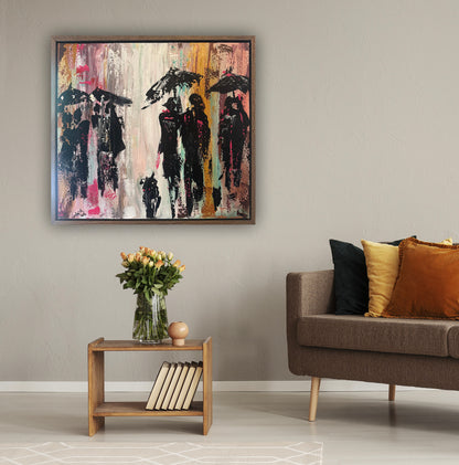 Original Abstract contemporary Oil Painting On Canvas 64cm x 60cm London in the Rain Framed in dark oak