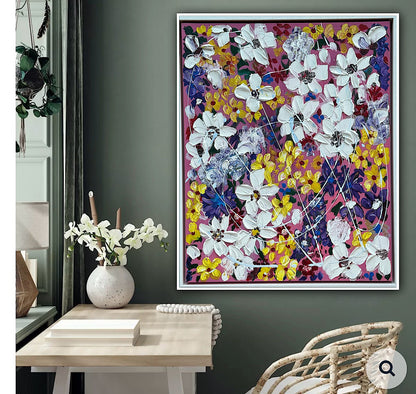 Framed Original Abstract Oil Painting On Canvas 80 x 65cm white flowers in bloom textured framed