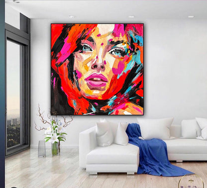 Richter Style Abstract Original Oil Painting On 100 x 100cm canvas Red head  woman portrait