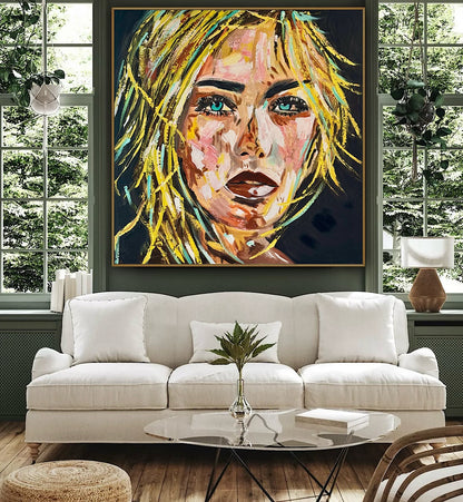 Contemporary Abstract Original Oil Painting On Canvas 80x80cm  Blond girl ‘Luna’ woman’s portrait