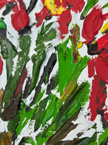 Framed Original Contemporary Abstract Oil Painting On Canvas 38 x 32cm ‘ Red Flowers