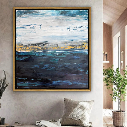 Framed in gold oak frame Original Abstract contemporary Oil Painting On Canvas 77x70cm  textured Oka Coastal Line