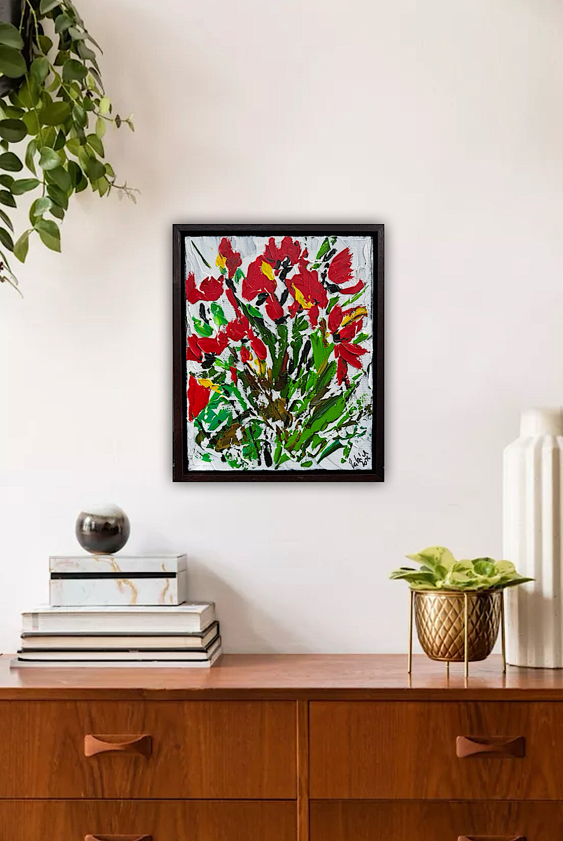 Framed Original Contemporary Abstract Oil Painting On Canvas 38 x 32cm ‘ Red Flowers