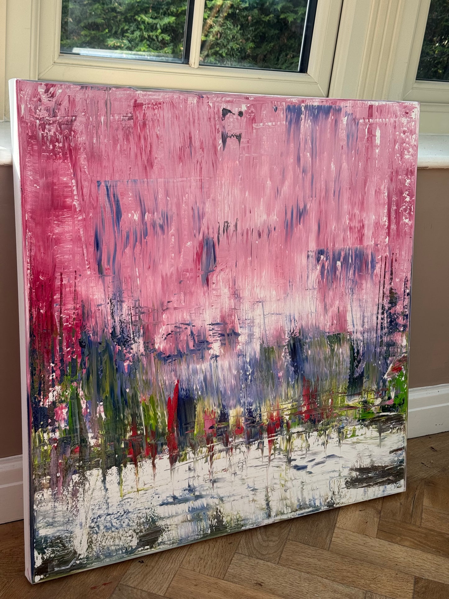 Oka style textured Original modern Abstract Oil Painting On Canvas 80 x 80cm ‘Pink Horizon’