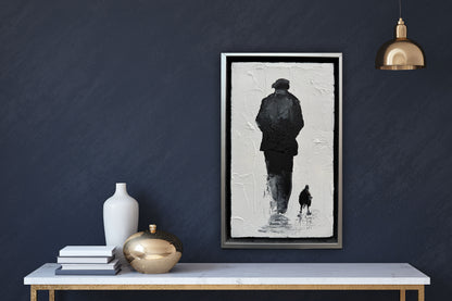 Framed in silver textured Original Contemporary Abstract Oil Painting On Canvas 22x35cm Pals (man and his dog)