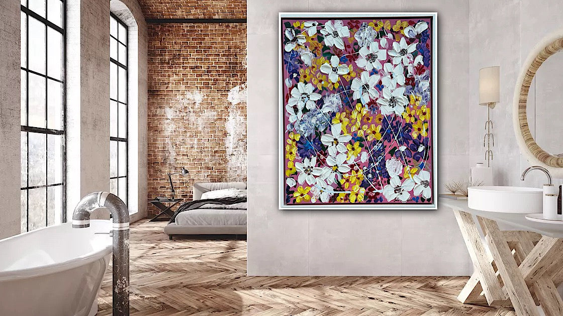 Framed Original Abstract Oil Painting On Canvas 80 x 65cm white flowers in bloom textured framed