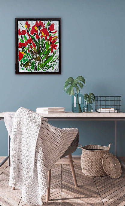 Framed Original Contemporary Abstract Oil Painting On Canvas 38 x 32cm ‘ Red Flowers