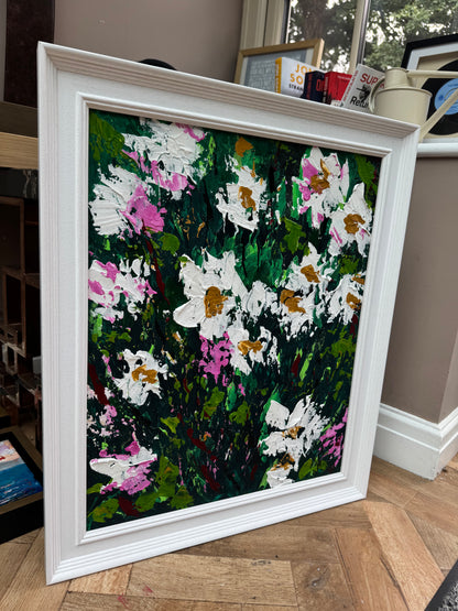Original Abstract Oil Painting On Canvas framed 60 x 50cm garden white flowers I Oka