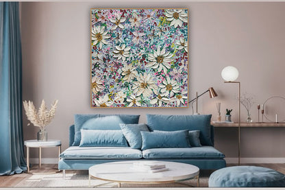 Original Abstract Oil Painting On deep edge Canvas 80x80cm Summer Flowers and more Flowers Textured
