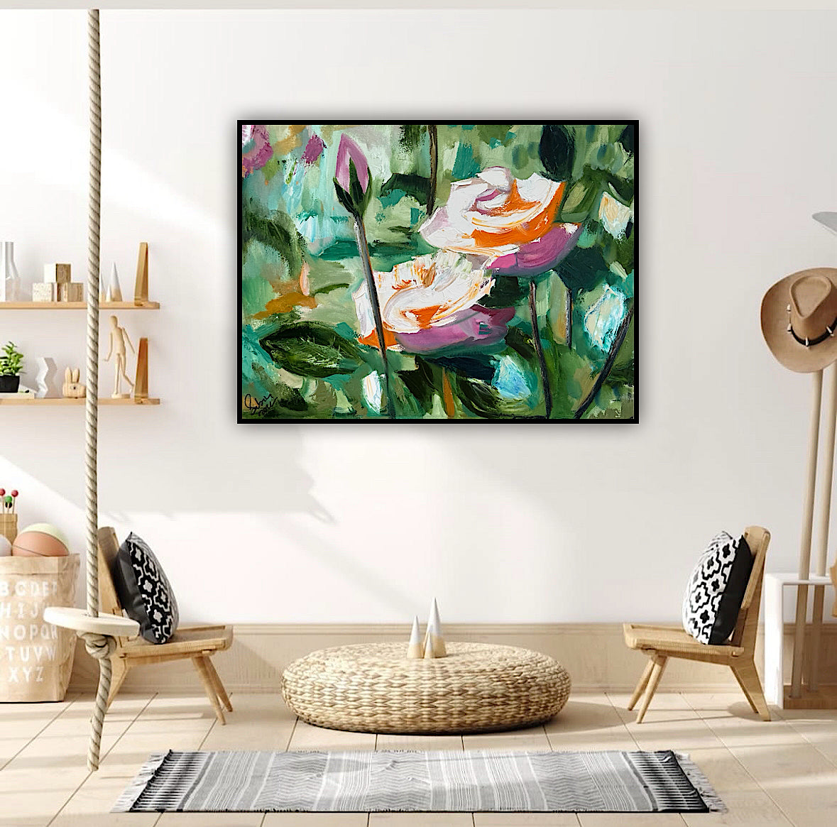 Renoir Summer white Roses Original abstract Oil Painting On Canvas 60x46cm