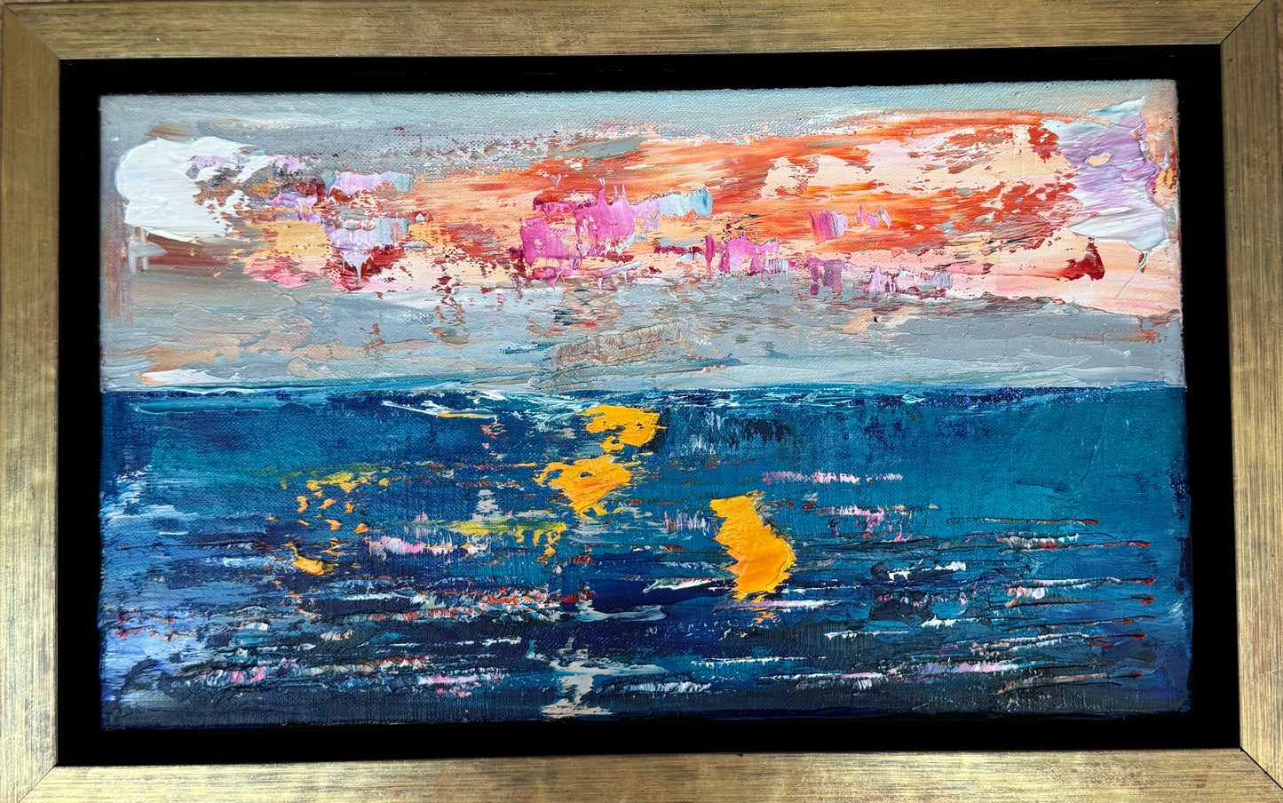 Framed in gold Original Abstract contemporary Oil Painting On Canvas 36x23cm textured Golden Tide