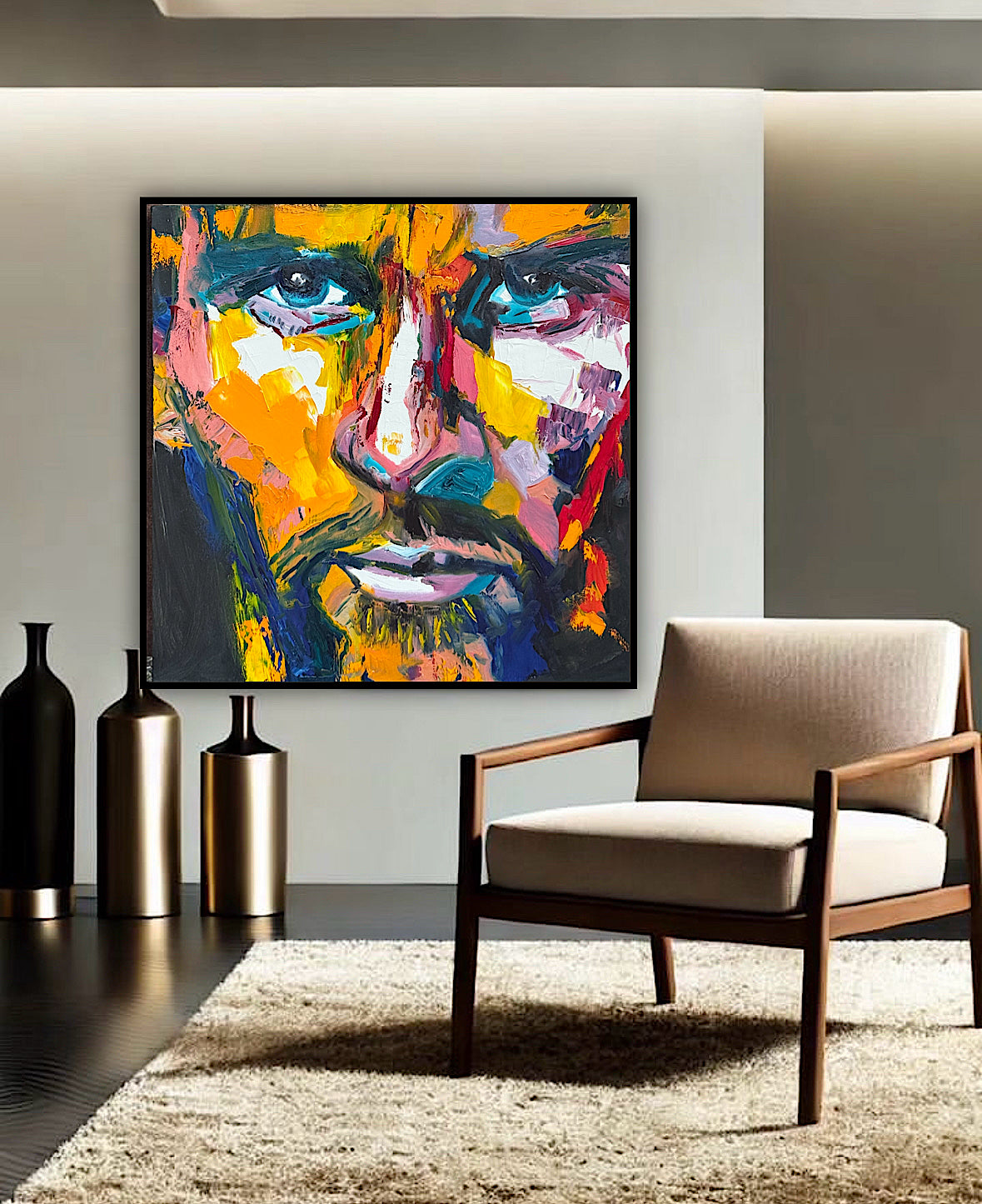 Original Abstract mixed media oil Painting On Canvas 50x50cm male portrait ‘Alejandro’ oka