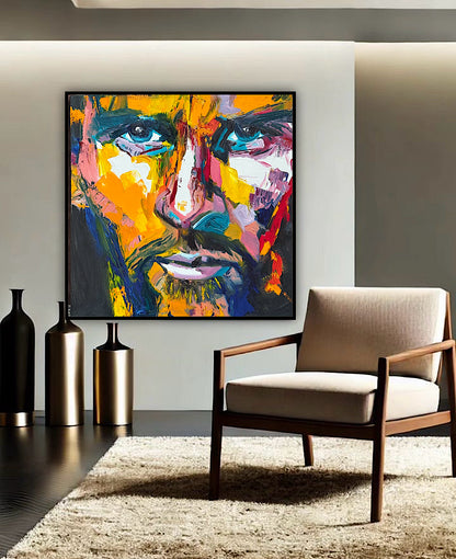 Original Abstract mixed media oil Painting On Canvas 50x50cm male portrait ‘Alejandro’ oka