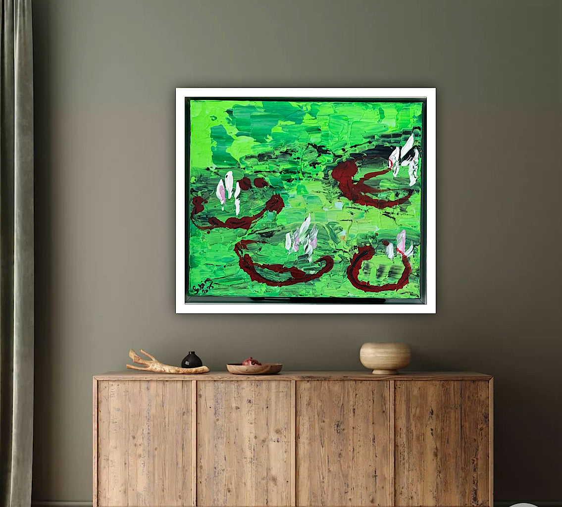 Framed Original Abstract contemporary Oil Painting On Canvas 36 x 33cm  Lily Pond oka