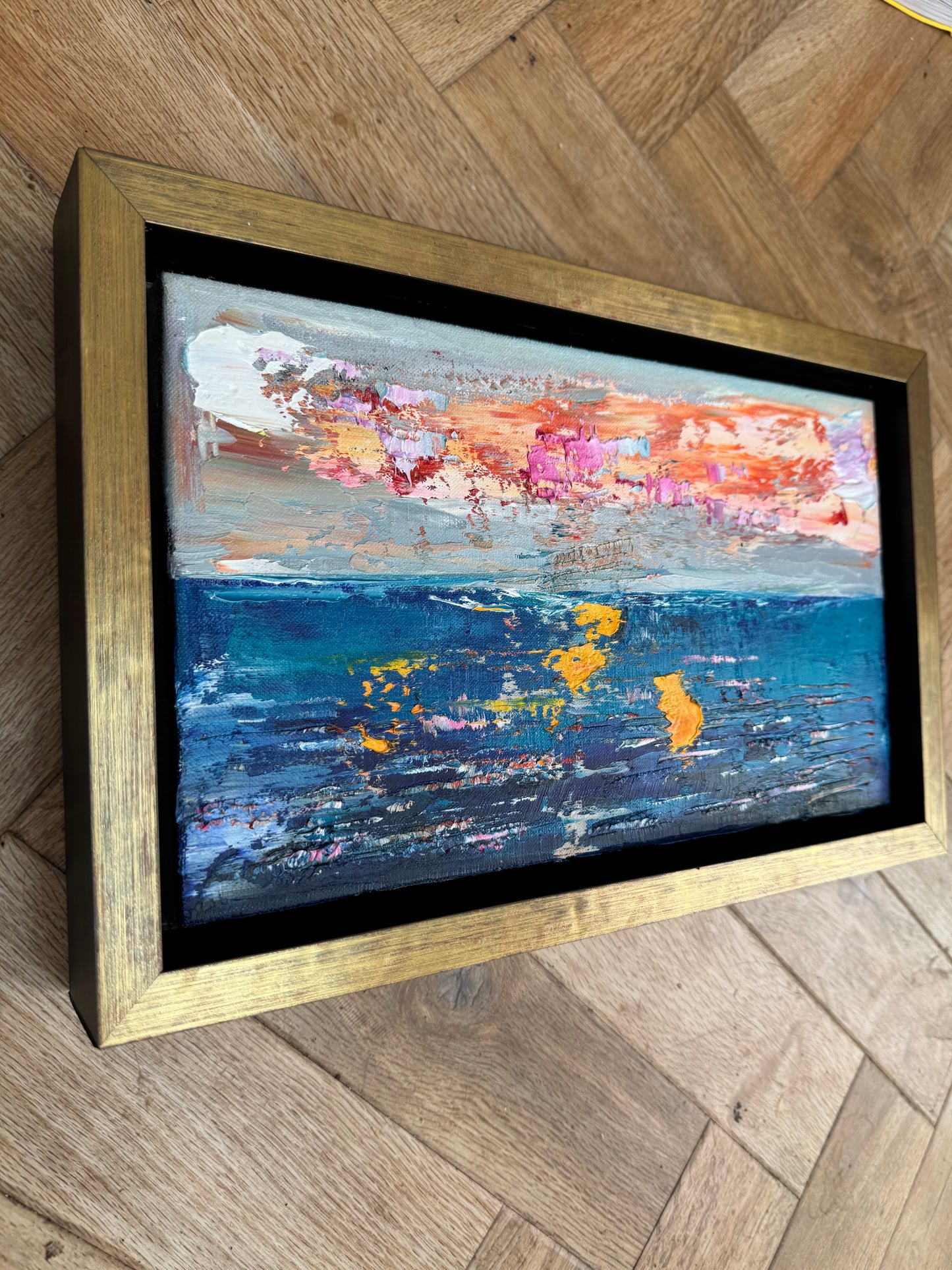 Framed in gold Original Abstract contemporary Oil Painting On Canvas 36x23cm textured Golden Tide
