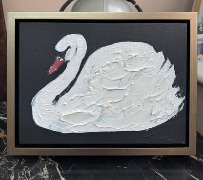 Framed in gold textured Original Contemporary Abstract Oil Painting On Canvas 33x25cm White Swan