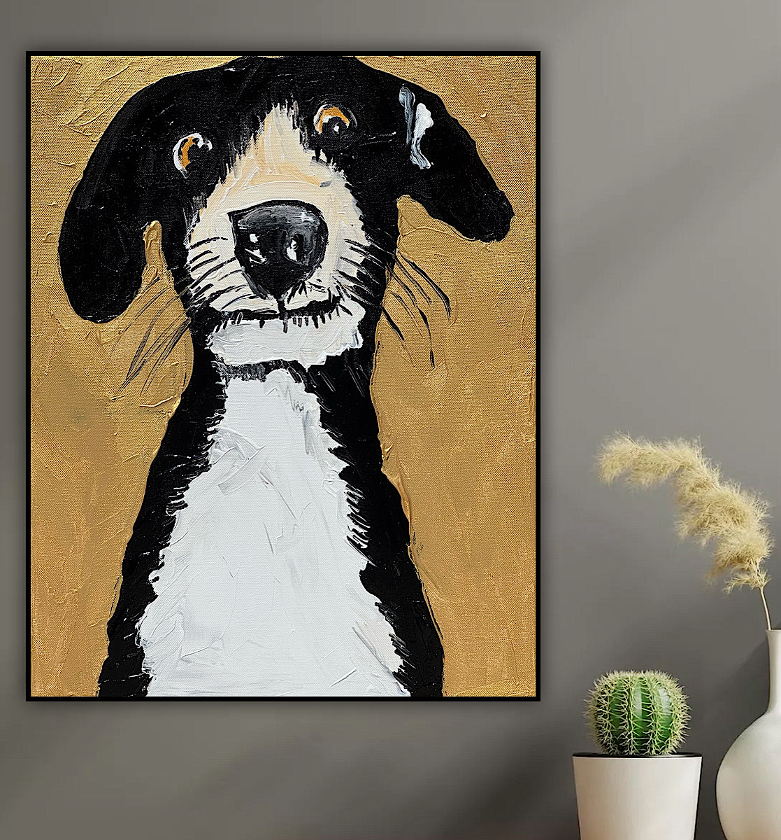 Original Abstract Oil Painting On 50 x 40cm Canvas Gold Background ‘Protector’ Dog
