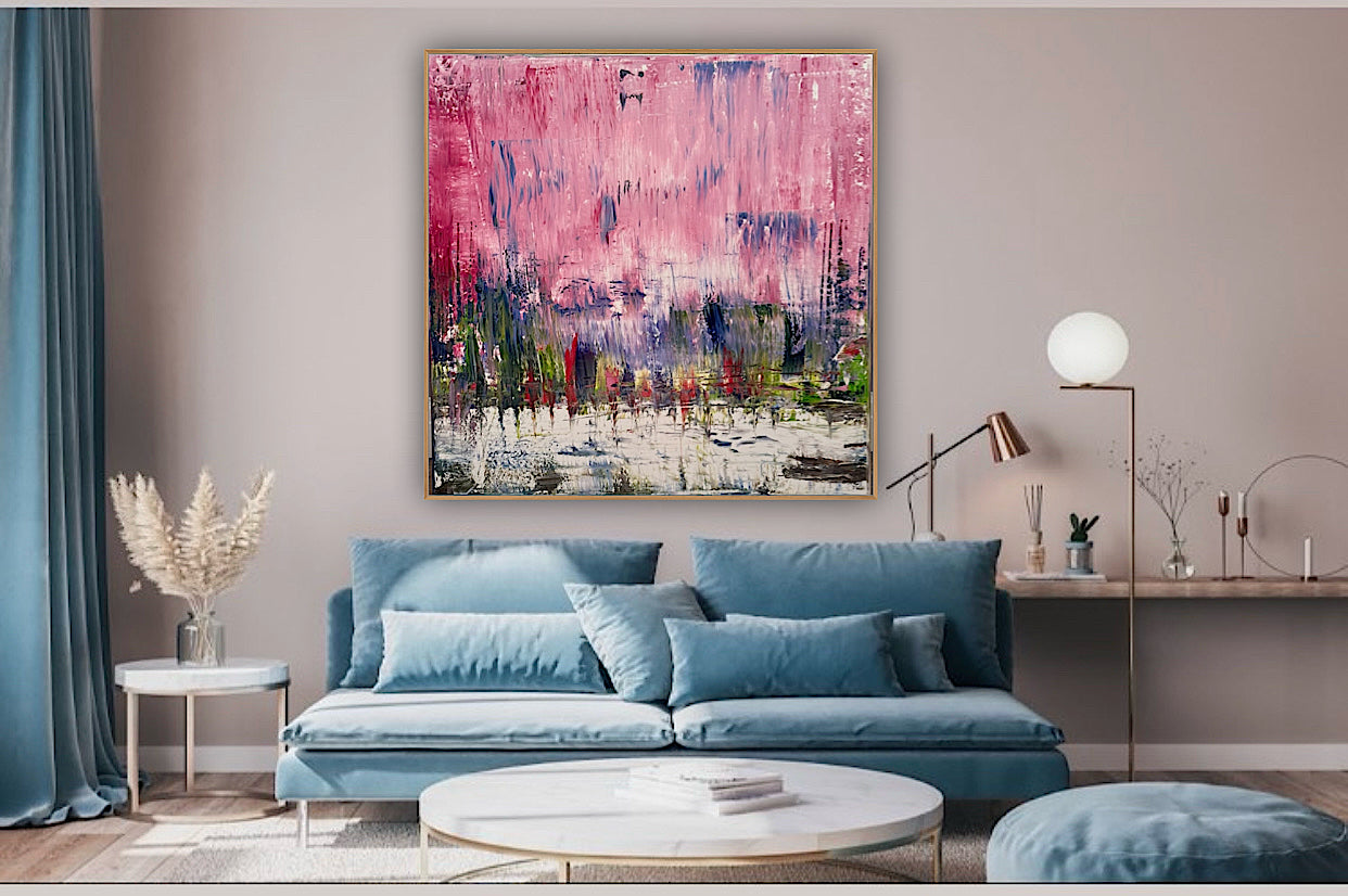 Oka style textured Original modern Abstract Oil Painting On Canvas 80 x 80cm ‘Pink Horizon’