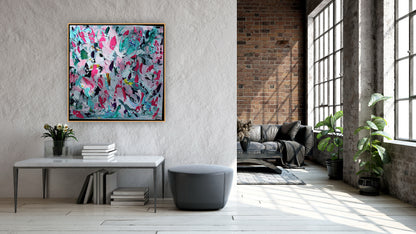 Abstract Original Oil Painting On 50x50cm canvas textured Painting ‘Summer Garden’ Oka framed in solid oak frame