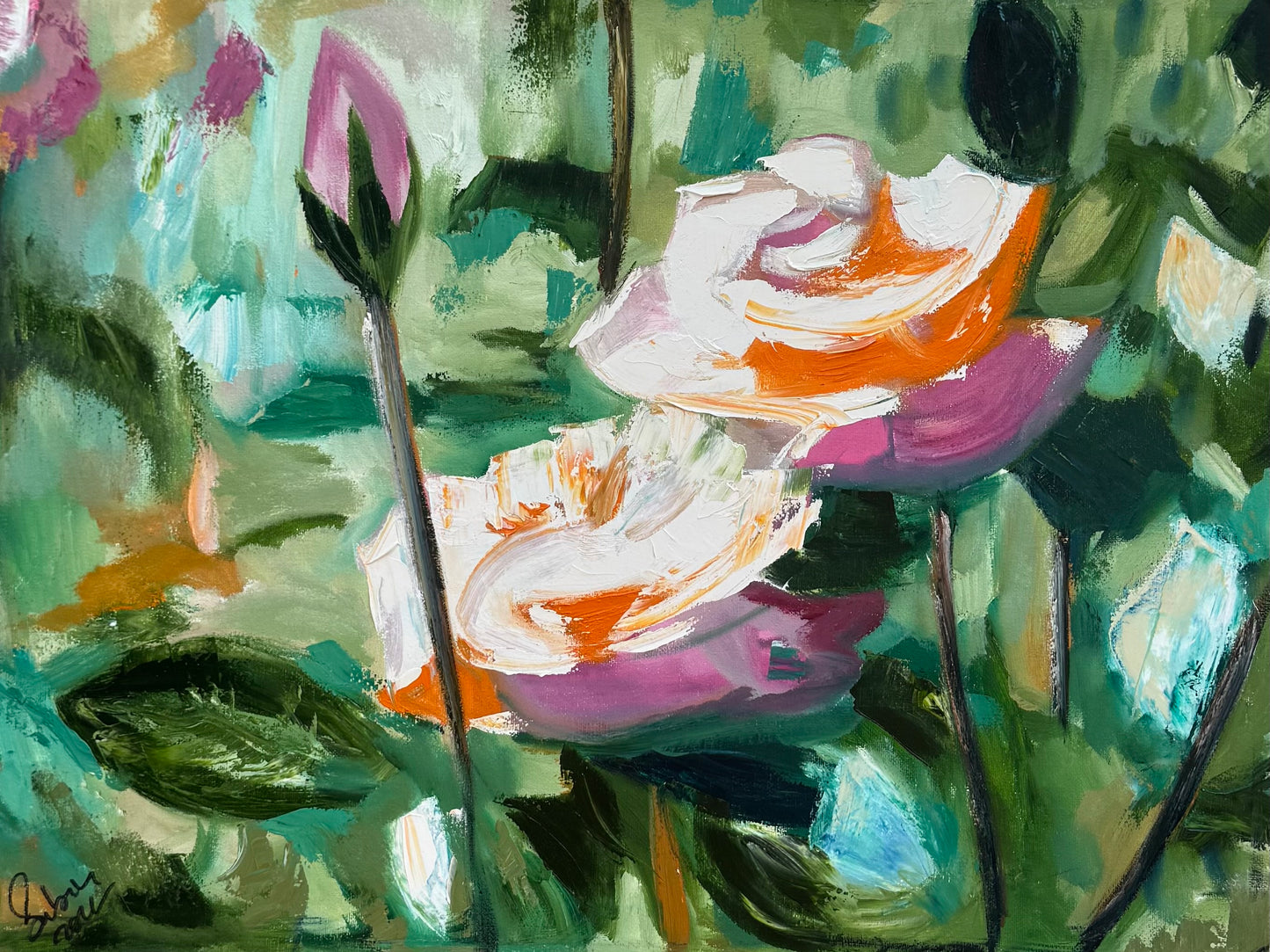 Renoir Summer white Roses Original abstract Oil Painting On Canvas 60x46cm