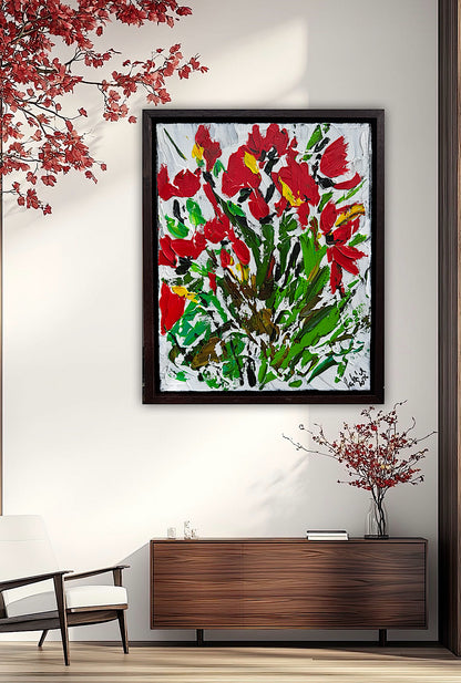 Framed Original Contemporary Abstract Oil Painting On Canvas 38 x 32cm ‘ Red Flowers