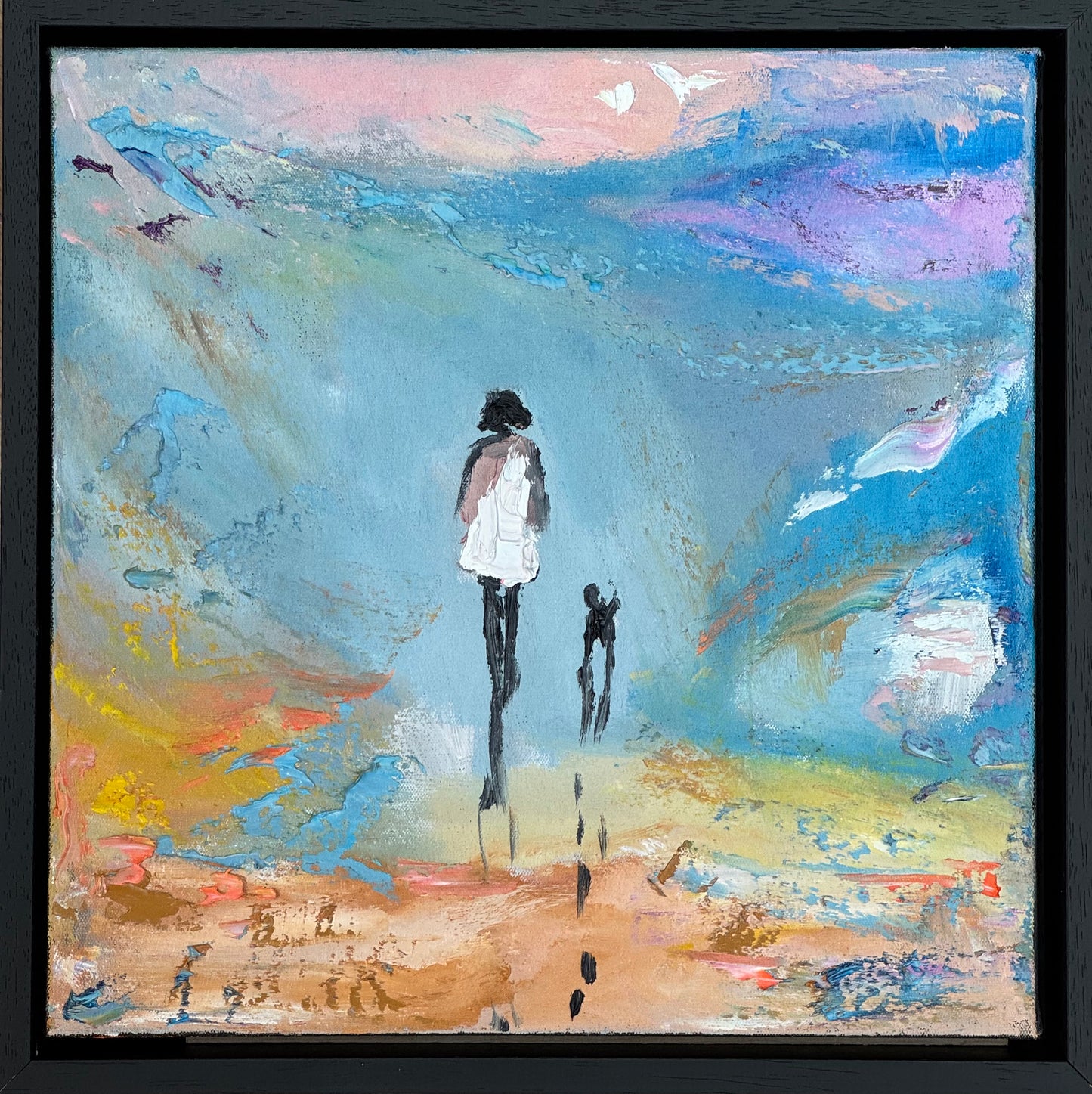 Framed in black frame Original Abstract contemporary Oil Painting On Canvas 35x35cm Woman and a dog ‘Little steps ‘