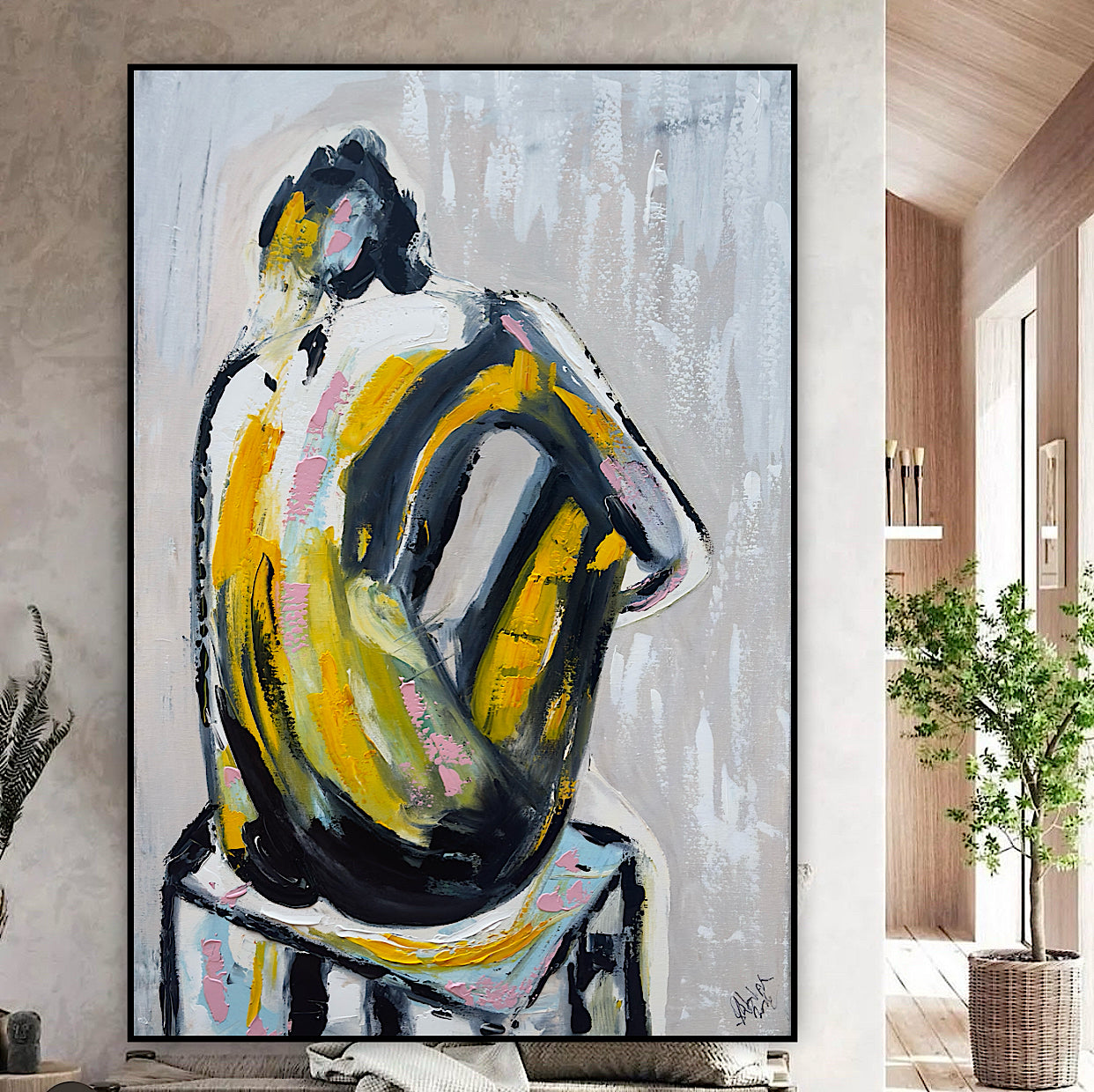 Contemporary Abstract Original Oil Painting On Canvas 90x60cm Seating Nude oka