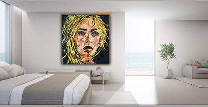 Contemporary Abstract Original Oil Painting On Canvas 80x80cm  Blond girl ‘Luna’ woman’s portrait