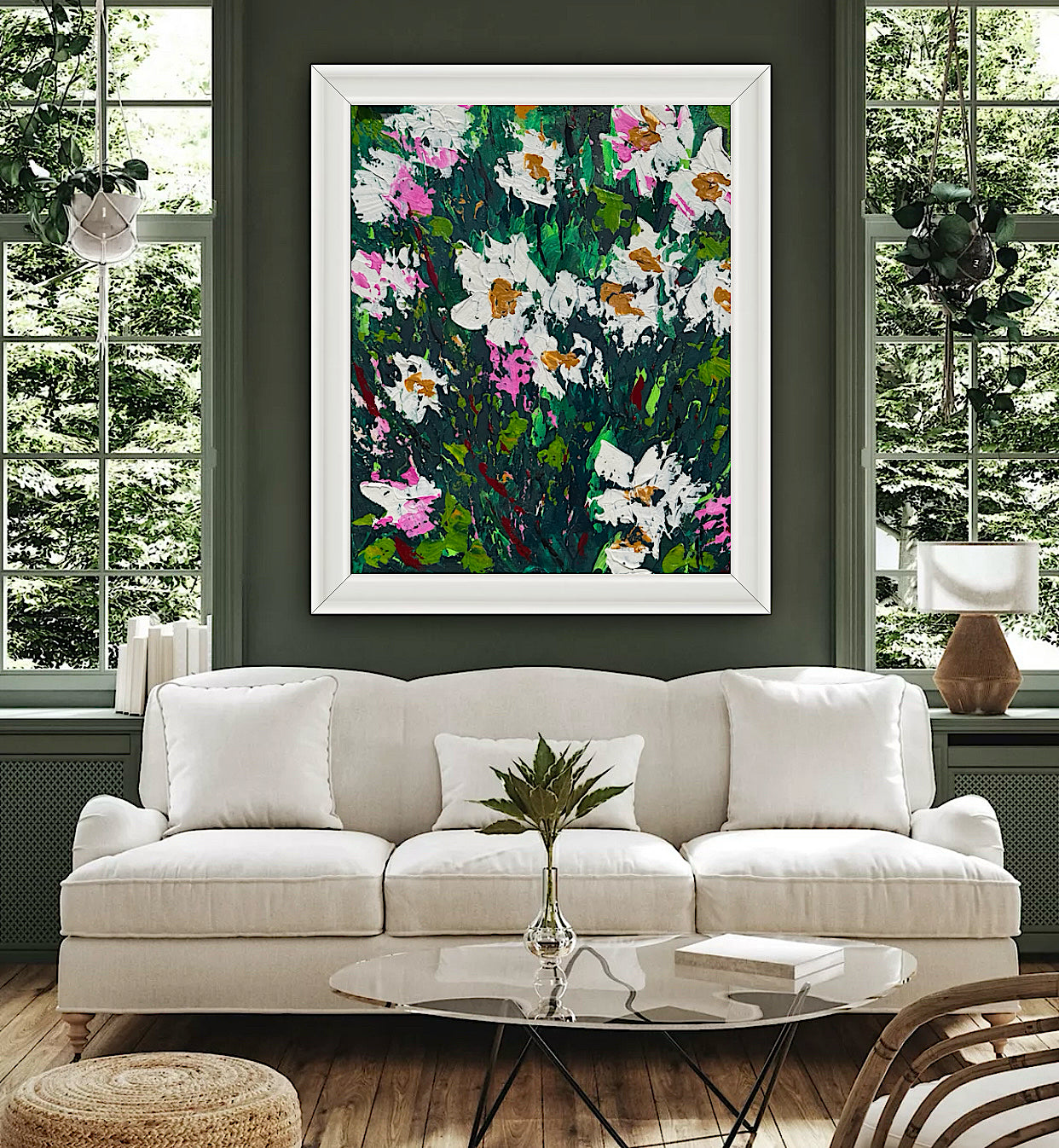 Original Abstract Oil Painting On Canvas board 60 x 50cm garden white flowers I Oka