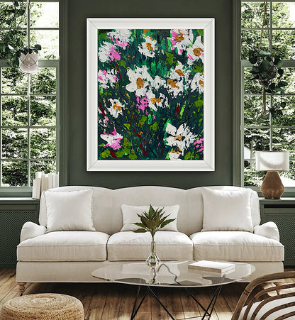 Original Abstract Oil Painting On Canvas board 60 x 50cm garden white flowers I Oka