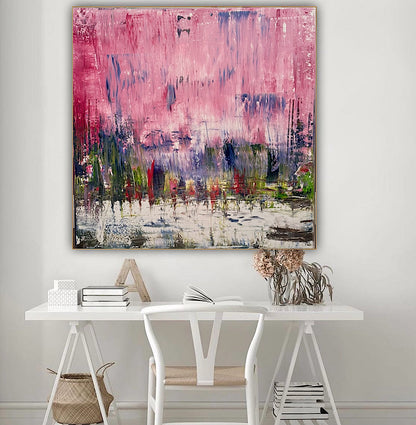 Oka style textured Original modern Abstract Oil Painting On Canvas 80 x 80cm ‘Pink Horizon’