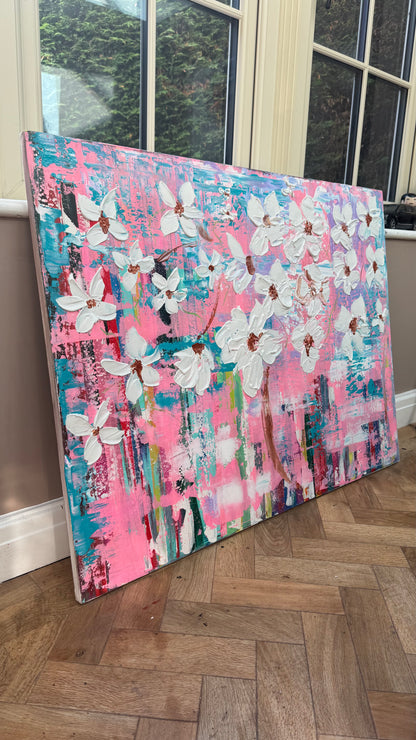Large Abstract Original Oil Painting On 100x77cm canvas ‘White Flowers ’ vogue oka