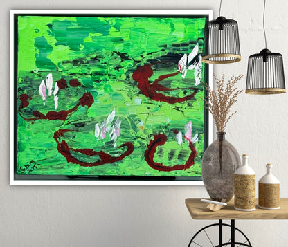 Framed Original Abstract contemporary Oil Painting On Canvas 36 x 33cm  Lily Pond oka