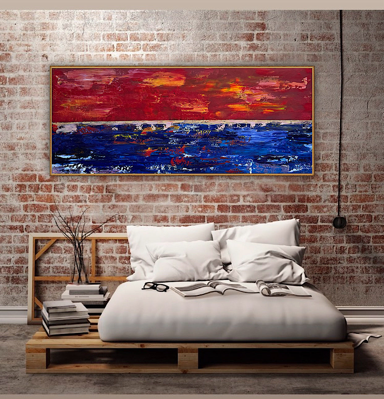 Abstract original Oil Painting On Canvas ‘Orange horizon’ 120cm X 50cm textured landscape