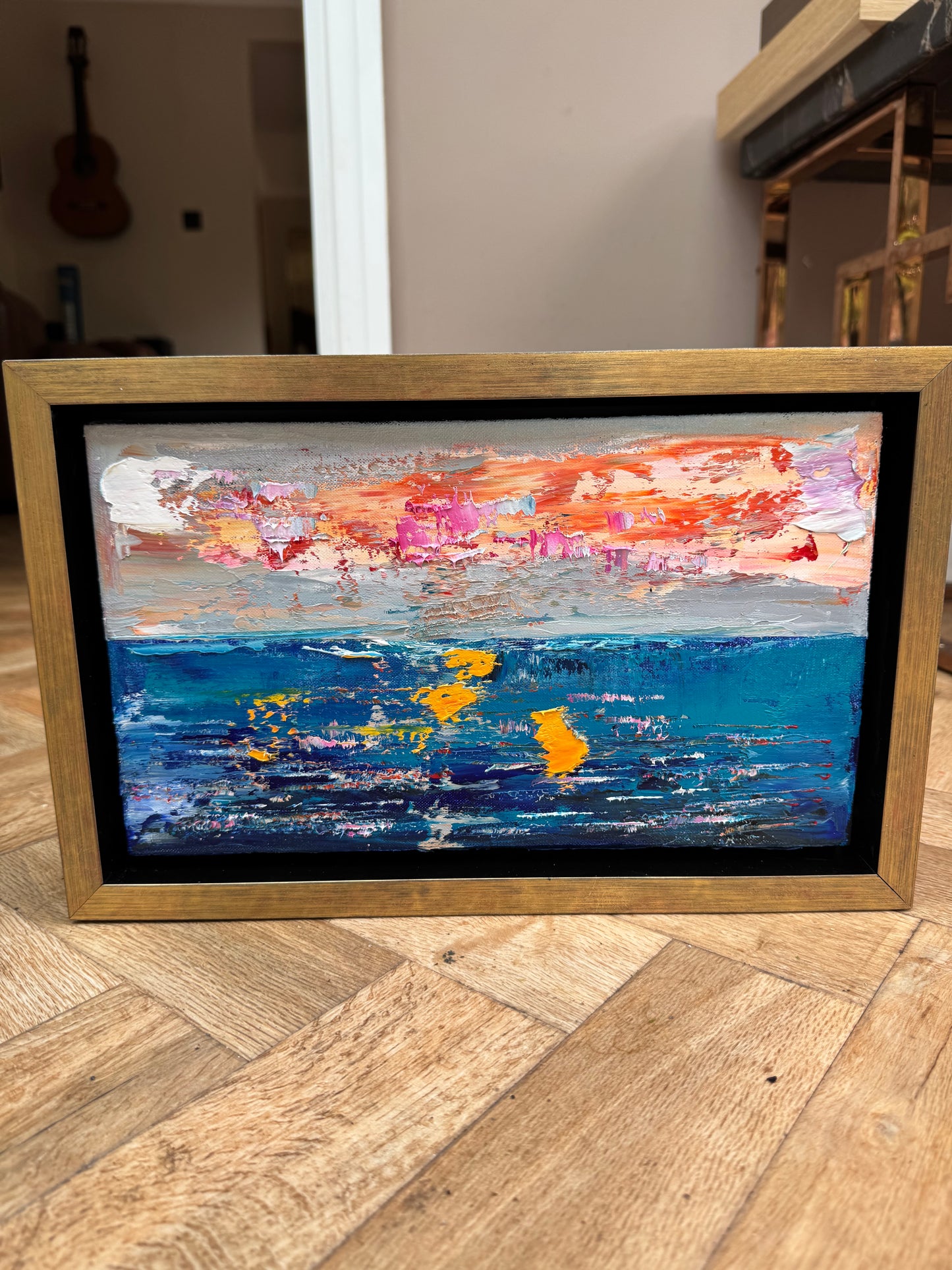 Framed in gold Original Abstract contemporary Oil Painting On Canvas 36x23cm textured Golden Tide