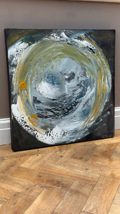 Original Abstract mixed media oil acrylic wax Painting On Canvas 50x50cm Gold & Ash Orbit oka