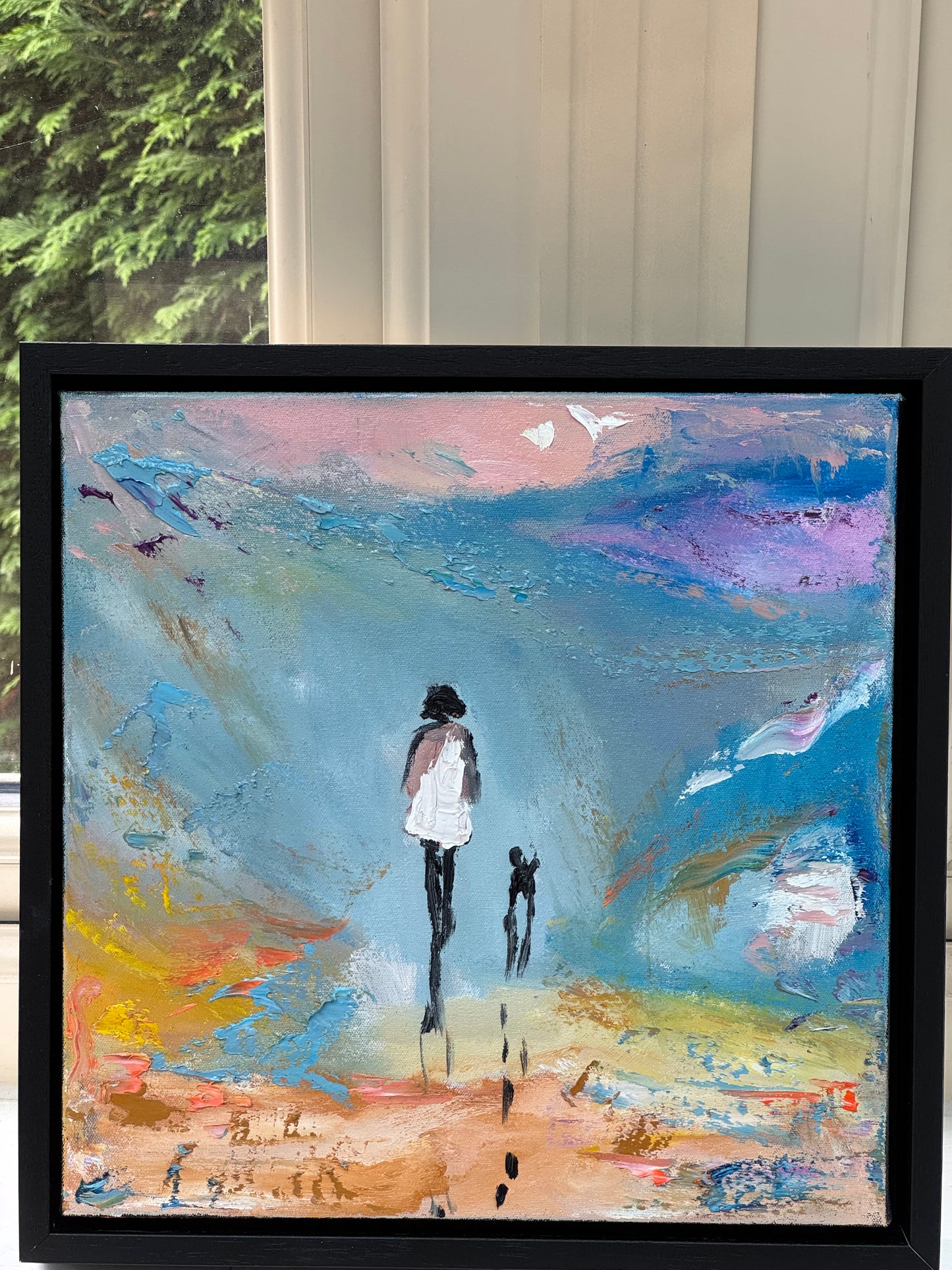 Framed in black frame Original Abstract contemporary Oil Painting On Canvas 35x35cm Woman and a dog ‘Little steps ‘