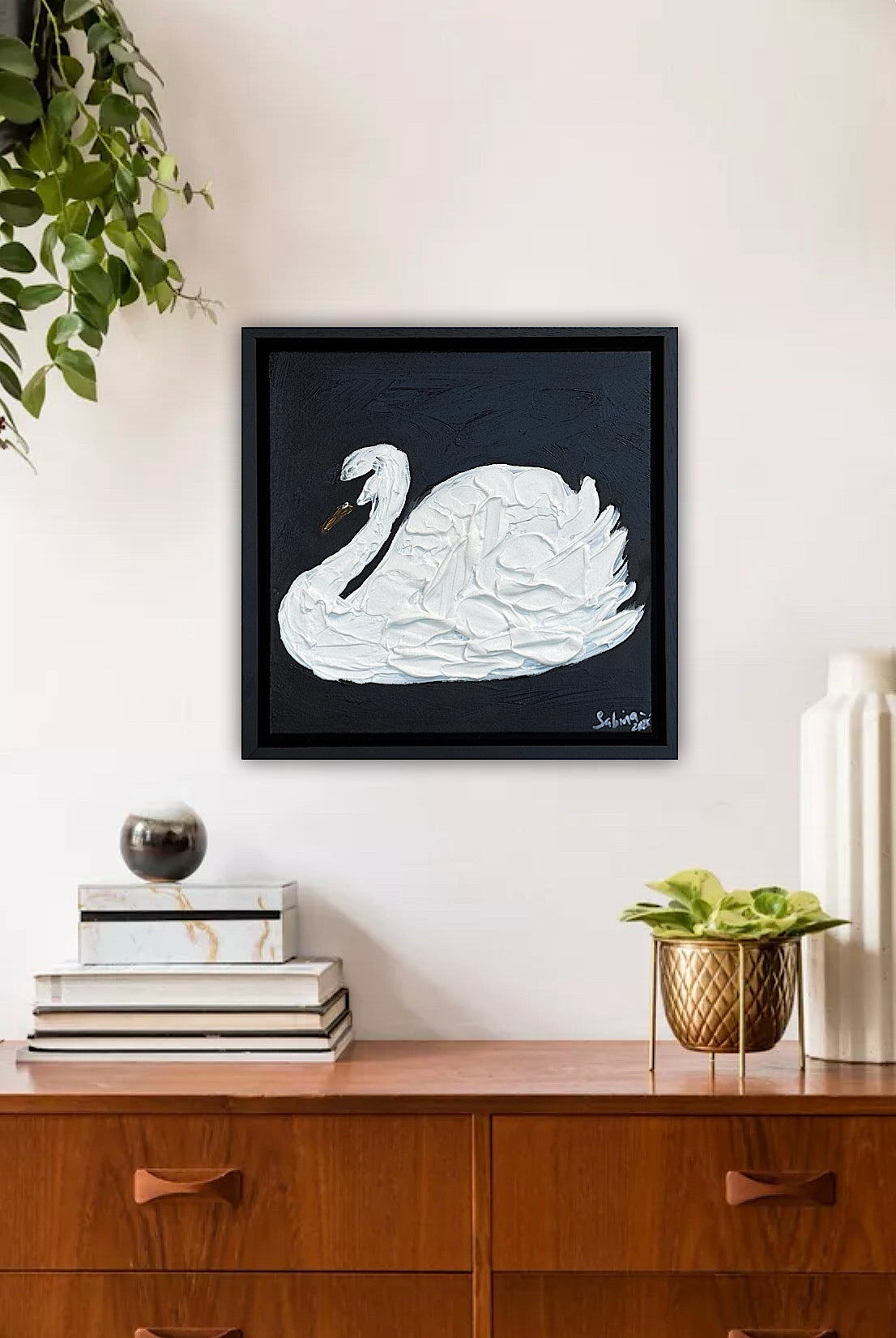 Framed Original Abstract contemporary Oil Painting On Canvas 30x30cm Swan Nocturne oka