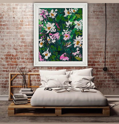 Original Abstract Oil Painting On Canvas board 60 x 50cm garden white flowers II Oka