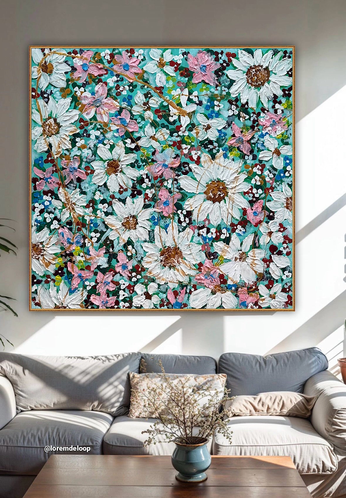 Original Abstract Oil Painting On deep edge Canvas 100x100cm Daisies & more Flowers Textured