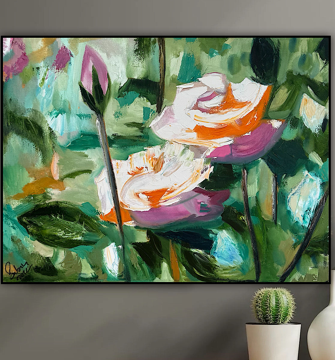 Renoir Summer white Roses Original abstract Oil Painting On Canvas 60x46cm