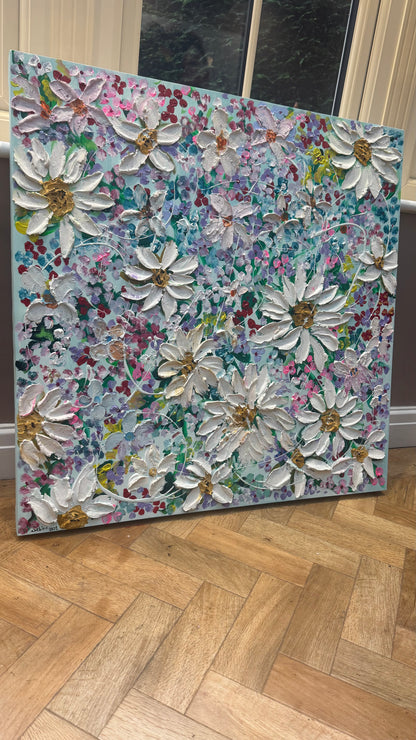 Original Abstract Oil Painting On deep edge Canvas 80x80cm Summer Flowers and more Flowers Textured