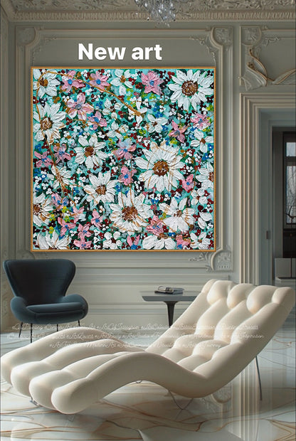 Original Abstract Oil Painting On deep edge Canvas 100x100cm Daisies & more Flowers Textured