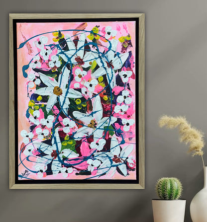 Framed Original Abstract contemporary Oil Painting On Canvas 40 x 30cm white Flowers Oka