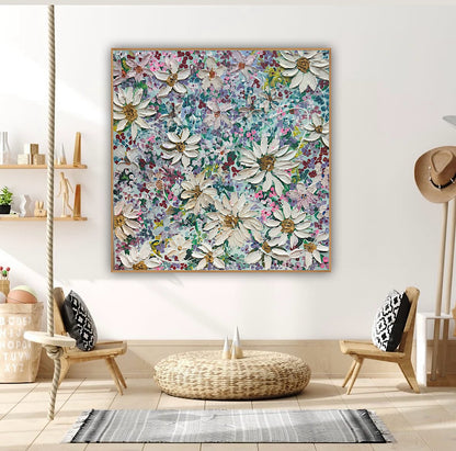 Original Abstract Oil Painting On deep edge Canvas 80x80cm Summer Flowers and more Flowers Textured