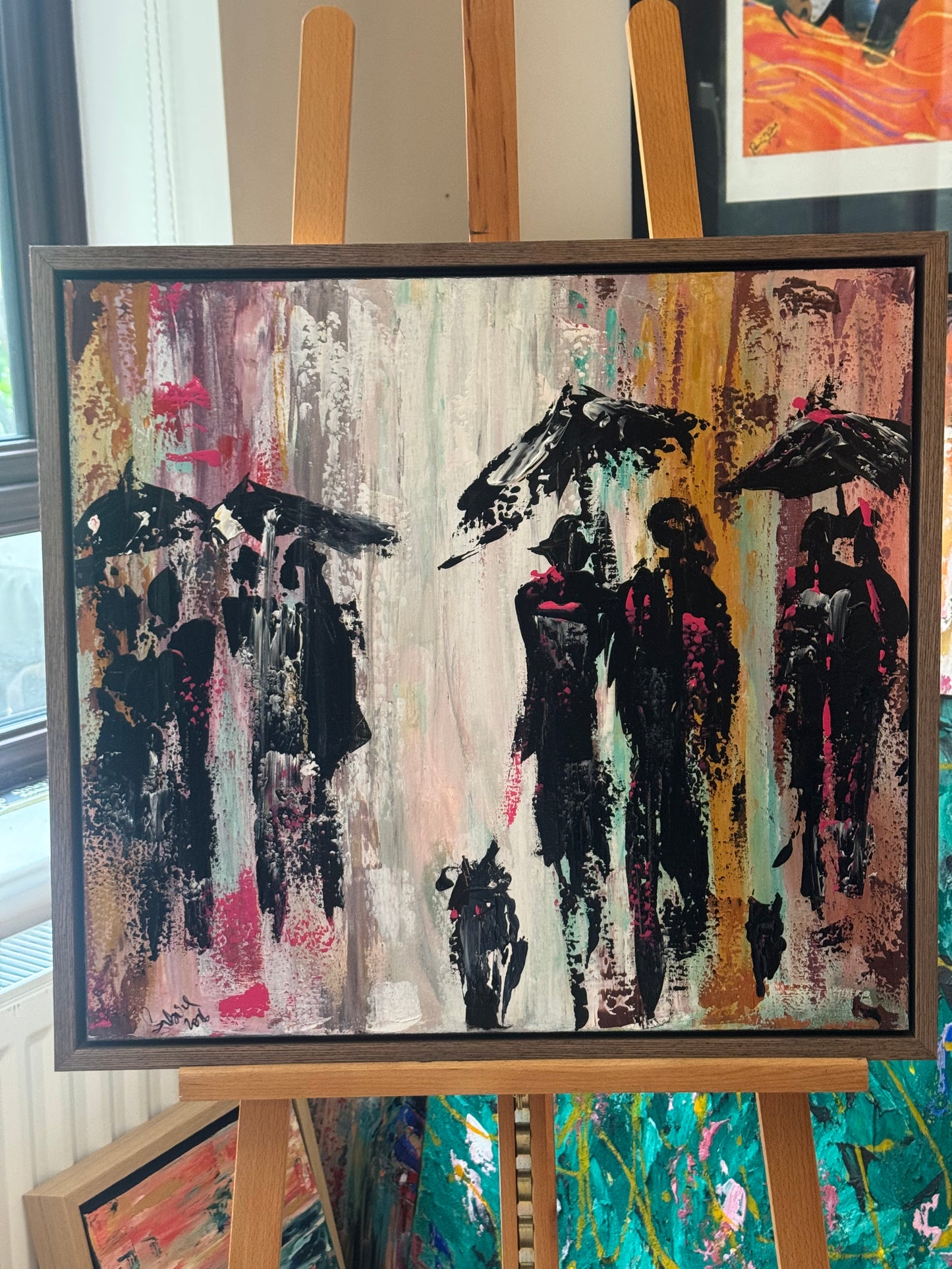 Original Abstract contemporary Oil Painting On Canvas 64cm x 60cm London in the Rain Framed in dark oak