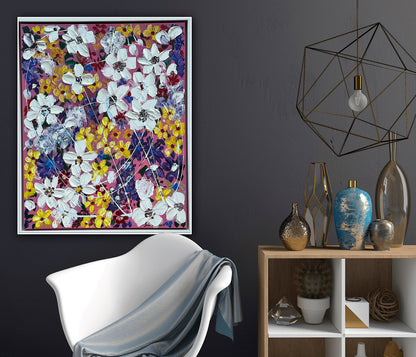 Framed Original Abstract Oil Painting On Canvas 80 x 65cm white flowers in bloom textured framed