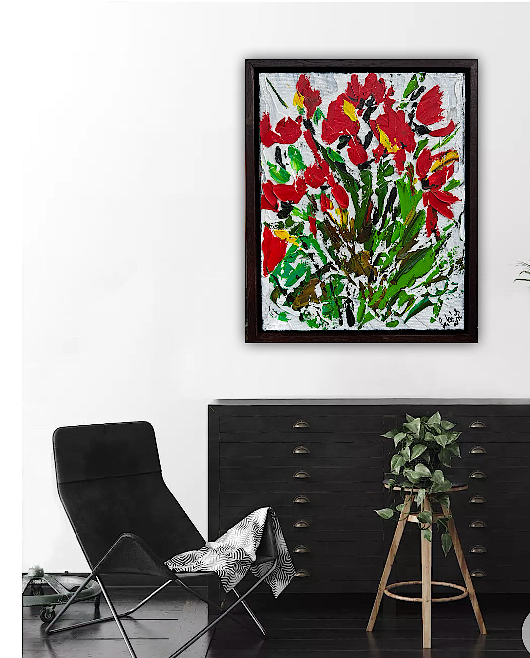 Framed Original Contemporary Abstract Oil Painting On Canvas 38 x 32cm ‘ Red Flowers