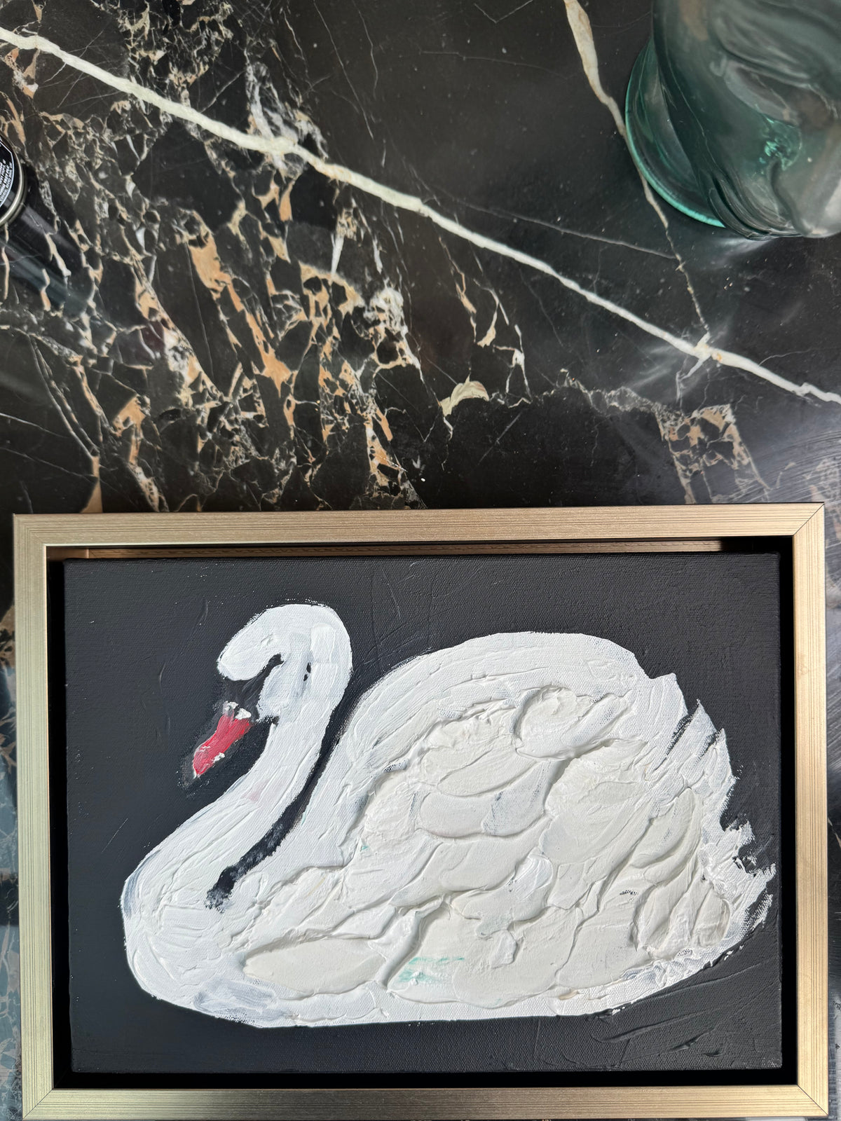 Framed in gold textured Original Contemporary Abstract Oil Painting On Canvas 33x25cm White Swan