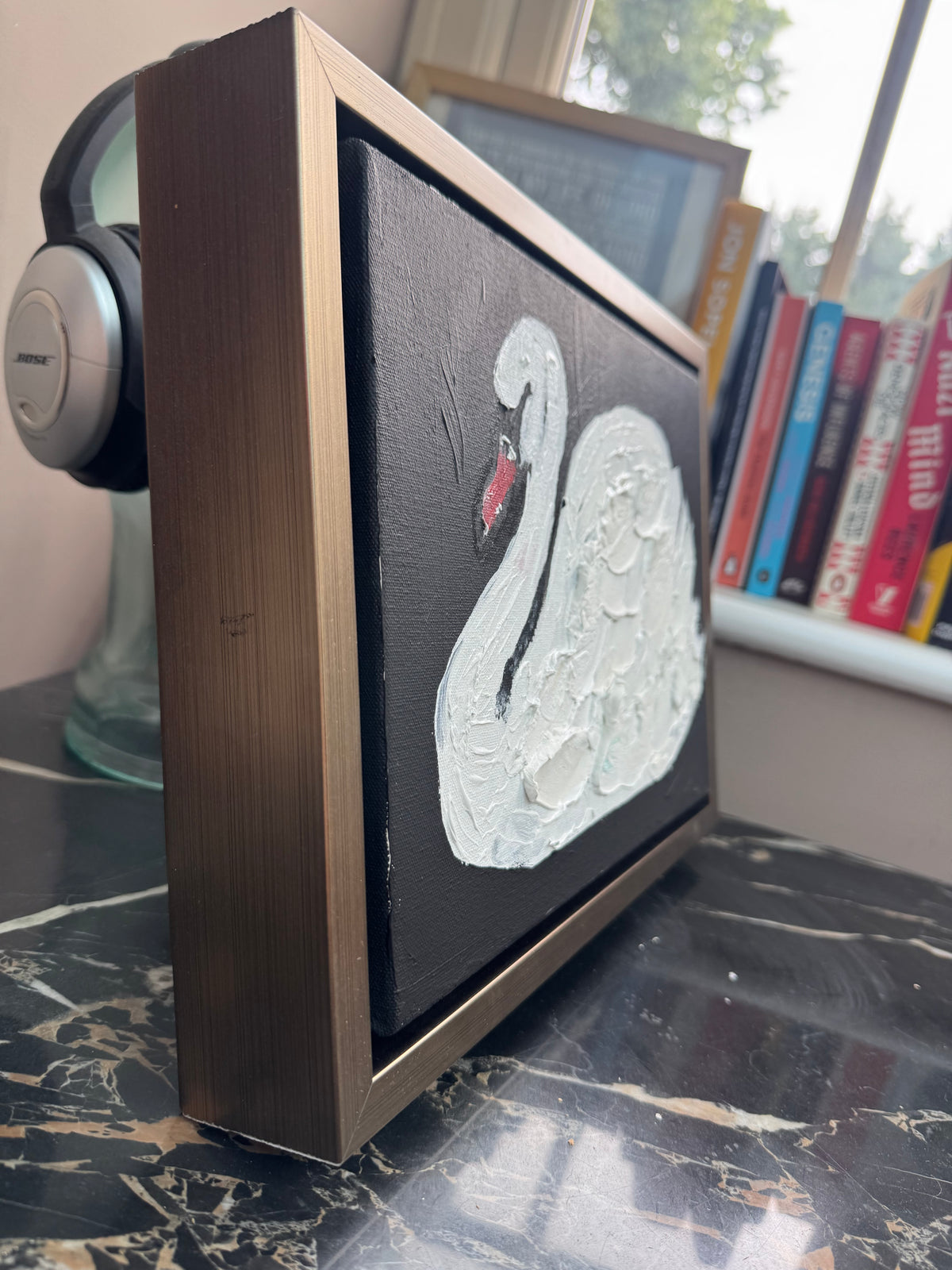 Framed in gold textured Original Contemporary Abstract Oil Painting On Canvas 33x25cm White Swan